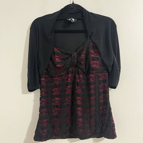 Studio 1940 Top Womens M Black Red Lace Overlay Bolero Party Formal Whimsy Goth - Picture 1 of 5